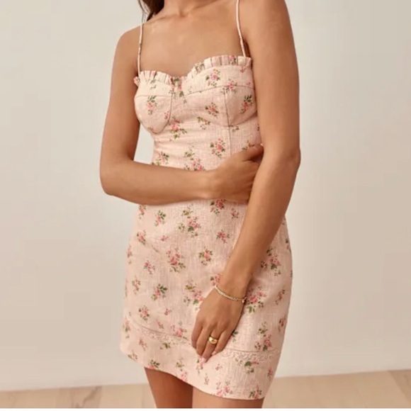 REFORMATION ANDIE MINI LINEN DRESS IN PENELOPE PINK FLORAL SIZE 8 - Picture 2 of 8